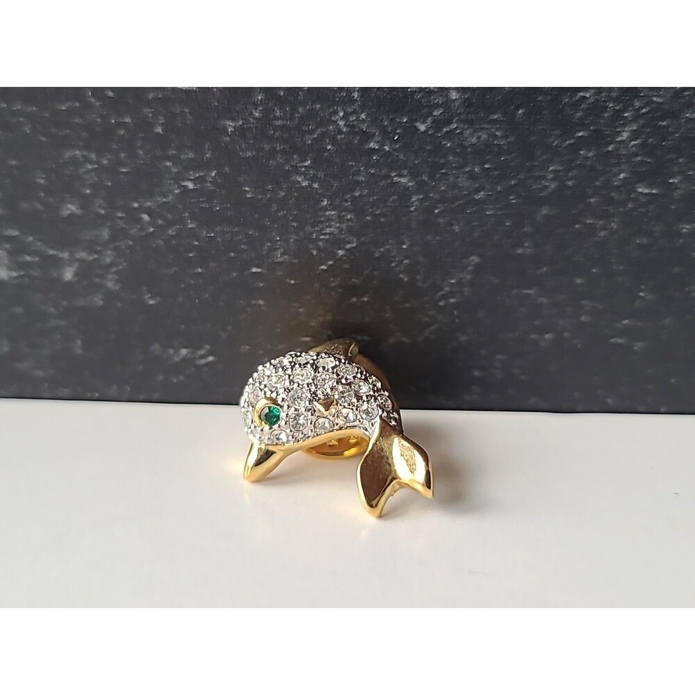 Gold Tone Metal Dolphin Shaped Rhinestone Pin Vintage Costume Jewelry